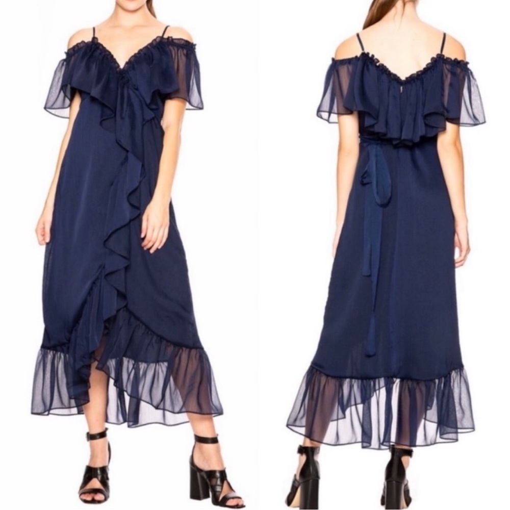 MISA Los Angeles Tayla Navy Ruffle Off The Shoulder Midi Wrap Dress